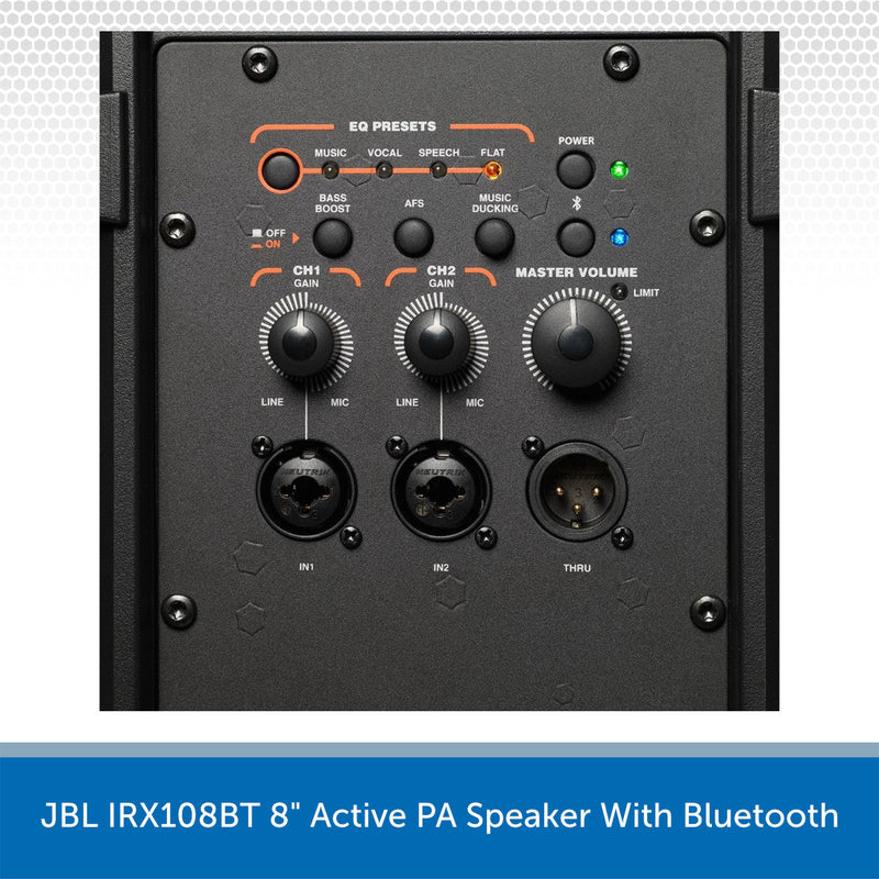 Control panel of a JBL IRX108BT 8" Active PA Speaker with Bluetooth on a white background.