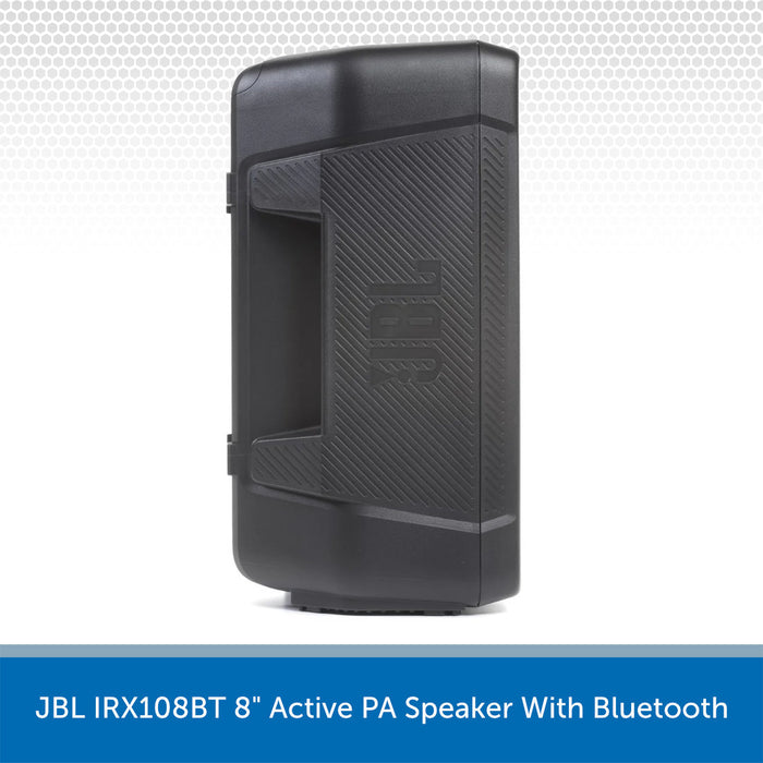 Black JBL IRX108BT 8" Active PA Speaker with Bluetooth on a white background