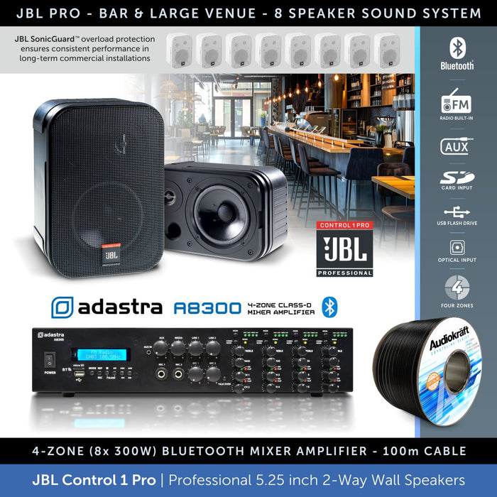 JBL Control 1 Pro & Adastra A8300, Multi-Zone Sound System – 8 x Speakers, Amp & 100m Cable