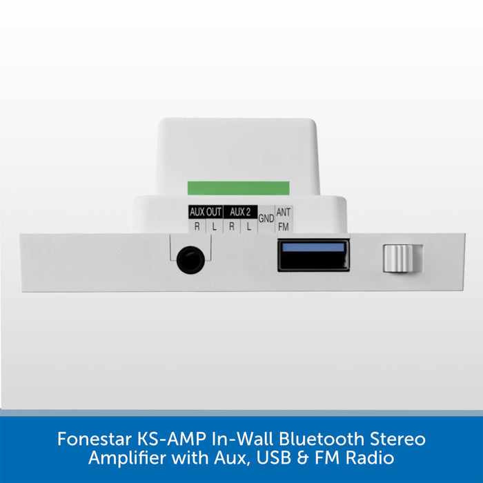 A white in-wall Bluetooth stereo amplifier shown against a light gray background, with a blue text banner at the bottom reading 'Onestard KS-AMP In-Wall Bluetooth Stereo Amplifier with Aux, USB & FM Radio'. The device features a USB-C port, a rotary switch, and input labels for AUX OUT, AUX 2, L, R, L/R, ANT, and FM.