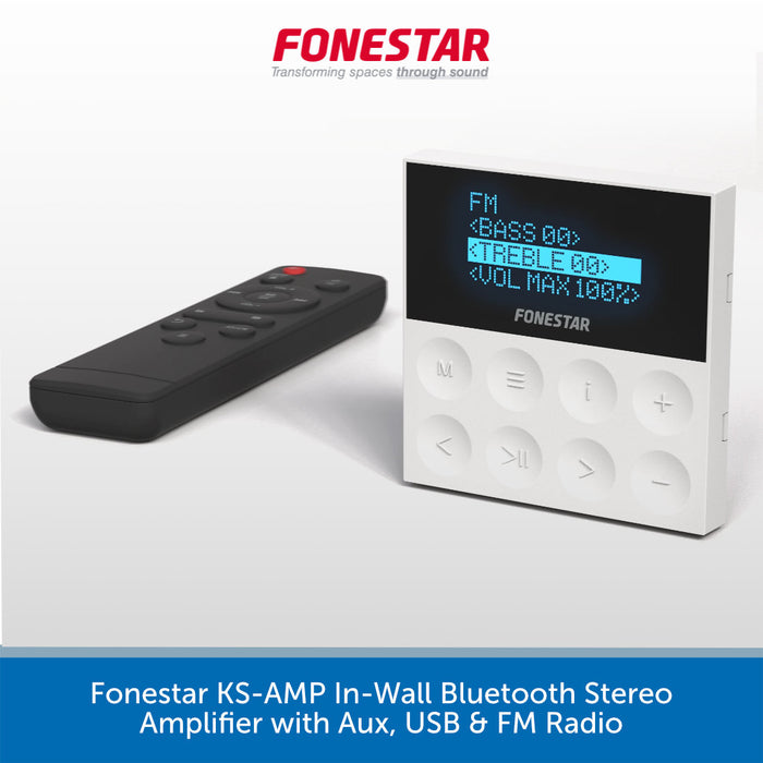 A white and black Fonestar KS-AMP in-wall Bluetooth stereo amplifier shown next to its matching black remote control on a light gray background, with a blue text banner at the bottom.