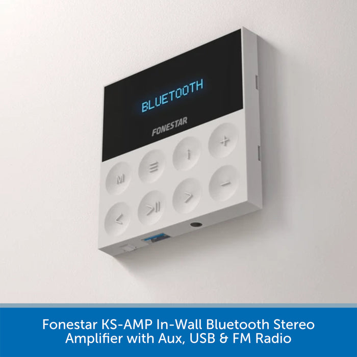 A wall-mounted Finestar KS-AMP in-wall Bluetooth stereo amplifier with a black display screen showing 'BLUETOOTH' and white control buttons below, shown against a white wall with a blue text banner at the bottom.