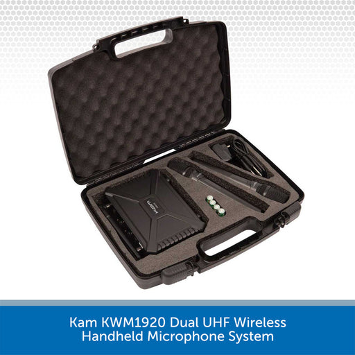 Kam KWM1920 Dual UHF Wireless Handheld Microphone System in a black case on a white background