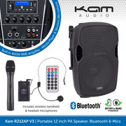Kam RZ12AP V3, 800W 12" Portable PA Speaker With Bluetooth & Wireless Mics