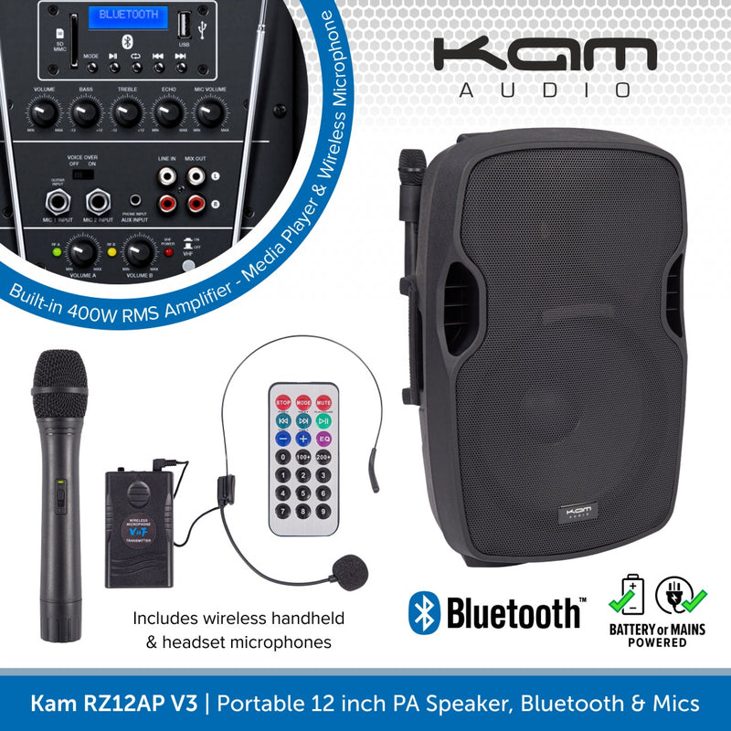 Kam RZ12AP V3, 800W 12" Portable PA Speaker With Bluetooth & Wireless Mics