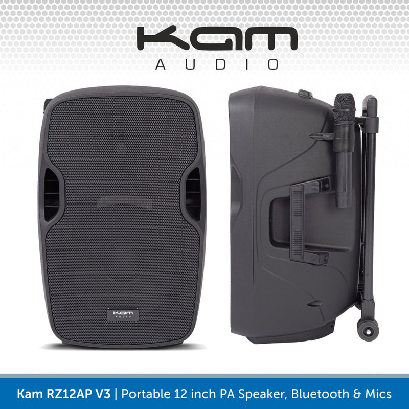 Kam RZ12AP V3, 800W 12" Portable PA Speaker With Bluetooth & Wireless Mics