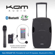 Kam RZ12AP V3, 800W 12" Portable PA Speaker With Bluetooth & Wireless Mics