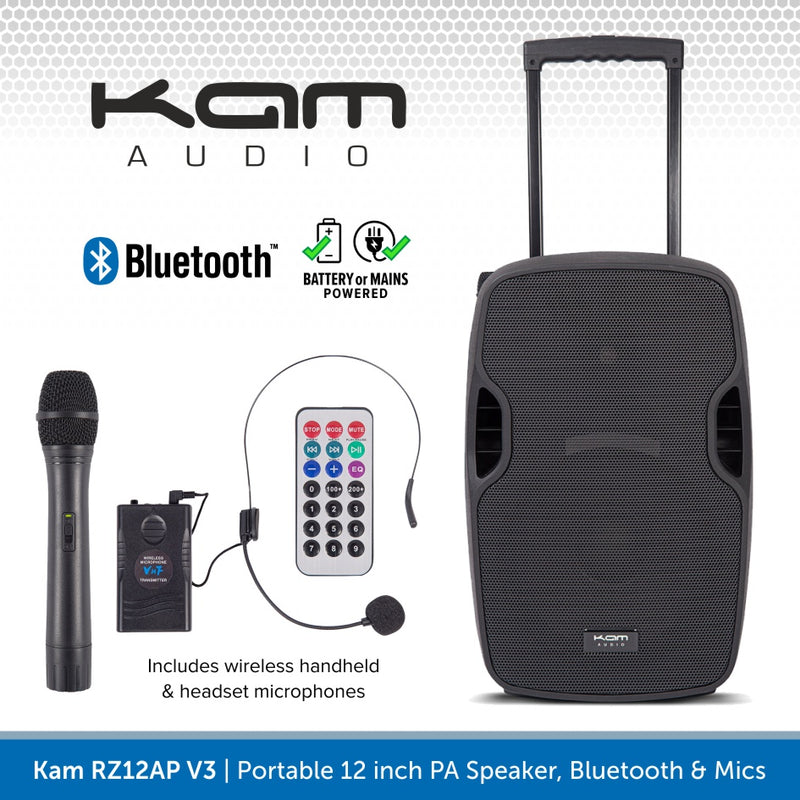 Kam RZ12AP V3, 800W 12" Portable PA Speaker With Bluetooth & Wireless Mics