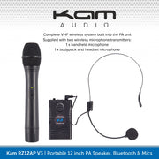 Kam RZ12AP V3, 800W 12" Portable PA Speaker With Bluetooth & Wireless Mics