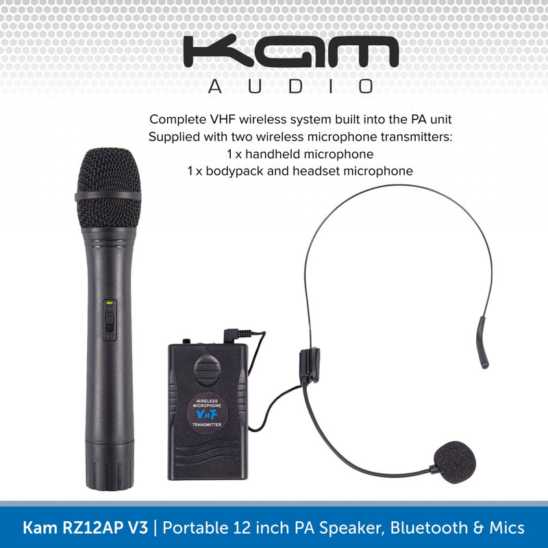 Kam RZ12AP V3, 800W 12" Portable PA Speaker With Bluetooth & Wireless Mics