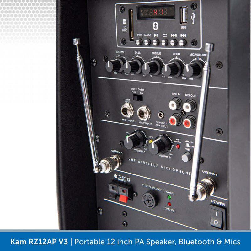 Kam RZ12AP V3, 800W 12" Portable PA Speaker With Bluetooth & Wireless Mics