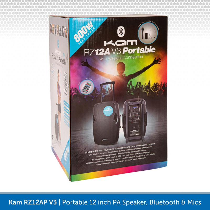 Kam RZ12AP V3, 800W 12" Portable PA Speaker With Bluetooth & Wireless Mics