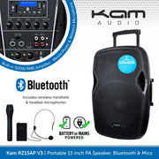 Kam RZ15AP V3, 1000W Portable 15 inch PA Speaker, Bluetooth & Wireless Microphones