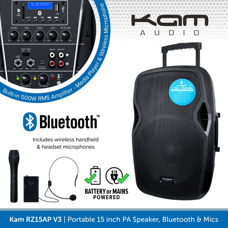 Kam RZ15AP V3, 1000W Portable 15 inch PA Speaker, Bluetooth & Wireless Microphones
