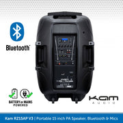 Kam RZ15AP V3, 1000W Portable 15 inch PA Speaker, Bluetooth & Wireless Microphones