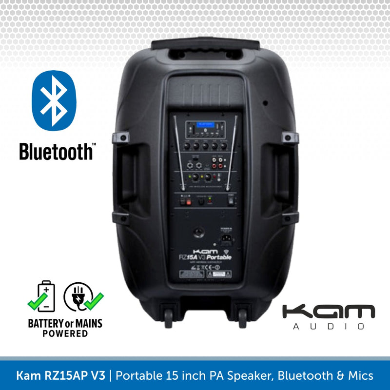 Kam RZ15AP V3, 1000W Portable 15 inch PA Speaker, Bluetooth & Wireless Microphones
