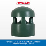 A dark green outdoor landscape speaker by Fonestar, shown against a white background with a blue text banner at the bottom and the Fonestar logo at the top.