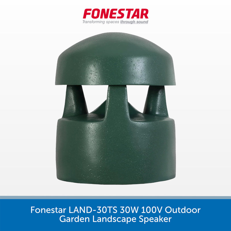 A dark green outdoor landscape speaker by Fonestar, shown against a white background with a blue text banner at the bottom and the Fonestar logo at the top.