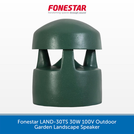 A dark green outdoor landscape speaker by Fonestar, shown against a white background with a blue text banner at the bottom and the Fonestar logo at the top.