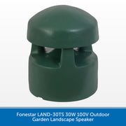 A dark green outdoor garden landscape speaker with a dome-shaped top and vented cylindrical body, shown on a white background with a blue text banner at the bottom.