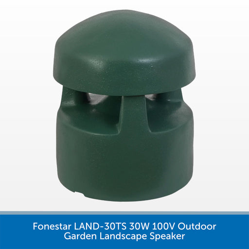 A dark green outdoor garden landscape speaker with a dome-shaped top and vented cylindrical body, shown on a white background with a blue text banner at the bottom.