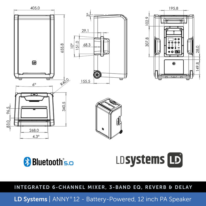 LD Systems ANNY® 12 BPH - Portable 12 inch Battery-Powered Bluetooth PA Speaker - 1 × Headset Mic (incl. bodypack)