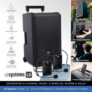LD Systems ANNY® 12 BPH - Portable 12 inch Battery-Powered Bluetooth PA Speaker - 2 × Headset Mic's (incl. bodypacks)
