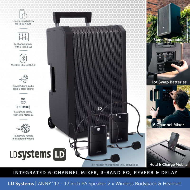 LD Systems ANNY® 12 BPH - Portable 12 inch Battery-Powered Bluetooth PA Speaker - 2 × Headset Mic's (incl. bodypacks)