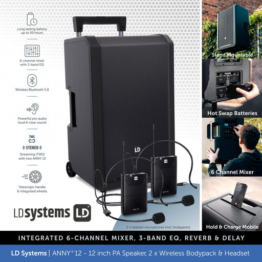 LD Systems ANNY® 12 BPH - Portable 12 inch Battery-Powered Bluetooth PA Speaker - 2 × Headset Mic's (incl. bodypacks)