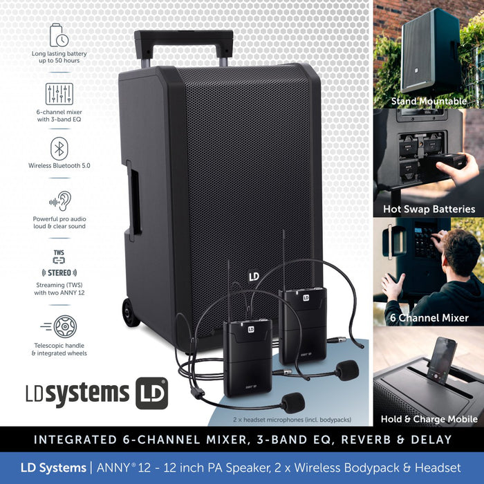 LD Systems ANNY® 12 BPH - Portable 12 inch Battery-Powered Bluetooth PA Speaker - 2 × Headset Mic's (incl. bodypacks)