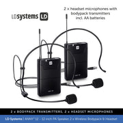 LD Systems ANNY® 12 BPH - Portable 12 inch Battery-Powered Bluetooth PA Speaker - 2 × Headset Mic's (incl. bodypacks)
