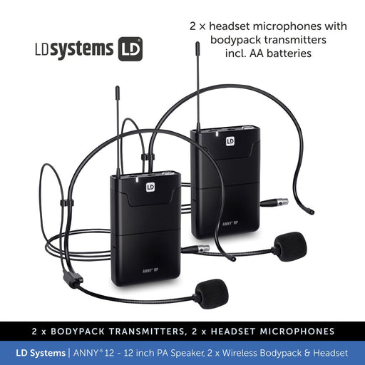 LD Systems ANNY® 12 BPH - Portable 12 inch Battery-Powered Bluetooth PA Speaker - 2 × Headset Mic's (incl. bodypacks)