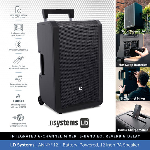 LD Systems ANNY® 12 - Portable 12 inch Battery-Powered Bluetooth PA Speaker