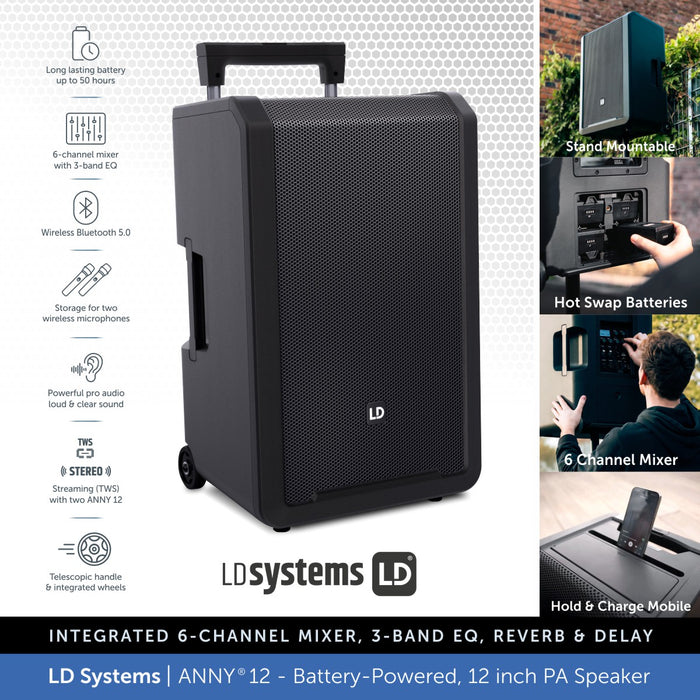 LD Systems ANNY® 12 - Portable 12 inch Battery-Powered Bluetooth PA Speaker