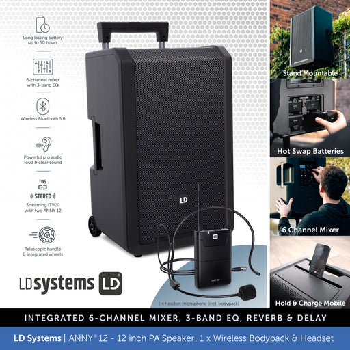 LD Systems ANNY® 12 BPH - Portable 12 inch Battery-Powered Bluetooth PA Speaker - 1 × Headset Mic (incl. bodypack)