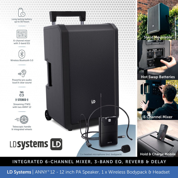 LD Systems ANNY® 12 BPH - Portable 12 inch Battery-Powered Bluetooth PA Speaker - 1 × Headset Mic (incl. bodypack)