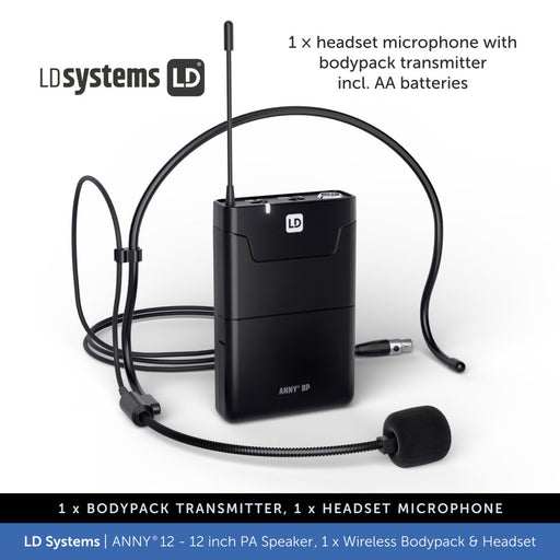 LD Systems ANNY® 12 BPH - Portable 12 inch Battery-Powered Bluetooth PA Speaker - 1 × Headset Mic (incl. bodypack)
