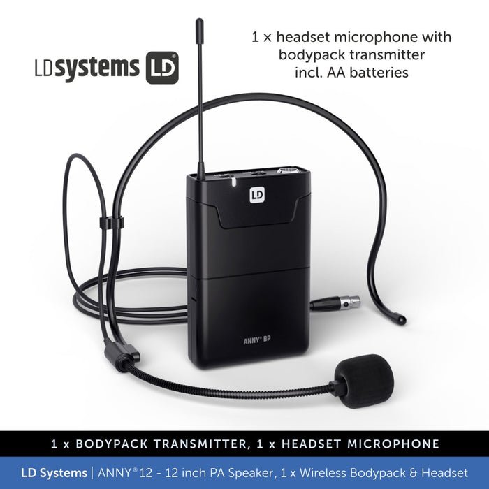 LD Systems ANNY® 12 BPH - Portable 12 inch Battery-Powered Bluetooth PA Speaker - 1 × Headset Mic (incl. bodypack)