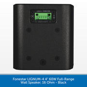 Black wall speaker back panel with a green terminal block connector and printed specifications, shown on a white background with a blue text banner at the bottom.