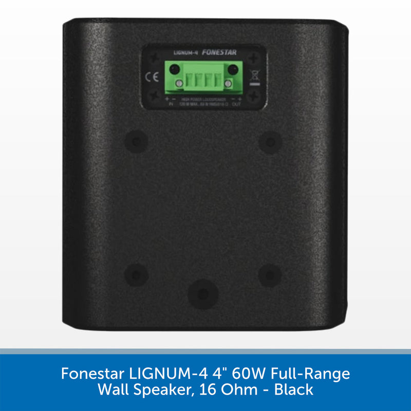Black wall speaker back panel with a green terminal block connector and printed specifications, shown on a white background with a blue text banner at the bottom.