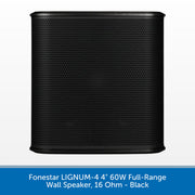 A black cylindrical wall speaker with a perforated metal grille, shown against a white background with a blue text banner at the bottom.