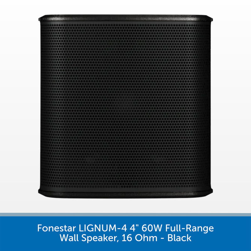 A black cylindrical wall speaker with a perforated metal grille, shown against a white background with a blue text banner at the bottom.