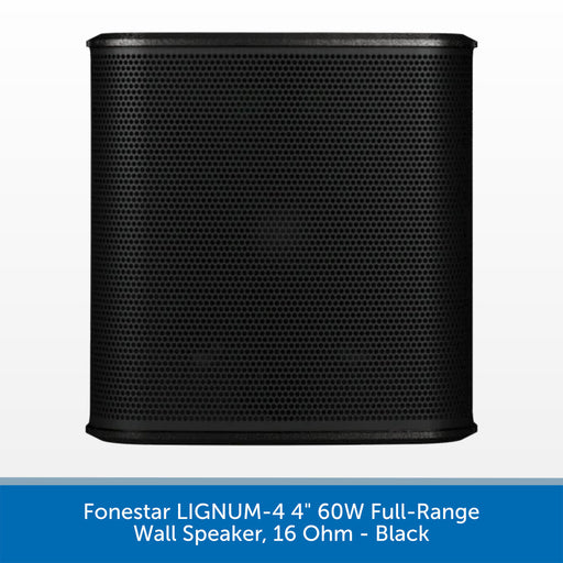 A black cylindrical wall speaker with a perforated metal grille, shown against a white background with a blue text banner at the bottom.