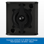 A black Forster Lignum 4-inch wall speaker shown from the front against a white background, with a blue text banner at the bottom describing the product.
