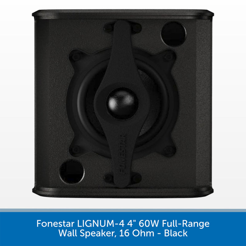 A black Forster Lignum 4-inch wall speaker shown from the front against a white background, with a blue text banner at the bottom describing the product.