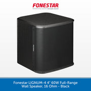 A black square wall speaker with a perforated front grille, shown on a white background with a blue text banner at the bottom and the red Fonestar logo at the top.