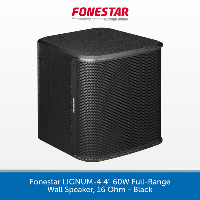 A black square wall speaker with a perforated front grille, shown on a white background with a blue text banner at the bottom and the red Fonestar logo at the top.