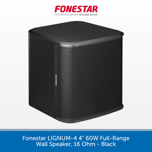 A black square wall speaker with a perforated front grille, shown on a white background with a blue text banner at the bottom and the red Fonestar logo at the top.