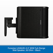 A black wall speaker with a mounting bracket, shown from a side angle against a white background with a blue text banner at the bottom.