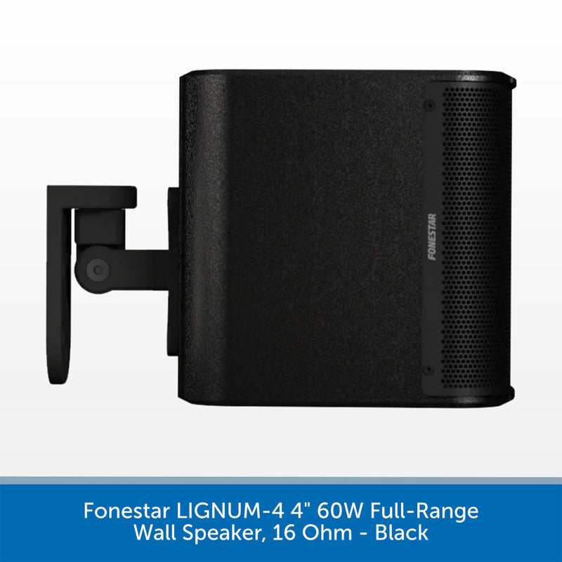 A black wall speaker with a mounting bracket, shown from a side angle against a white background with a blue text banner at the bottom.